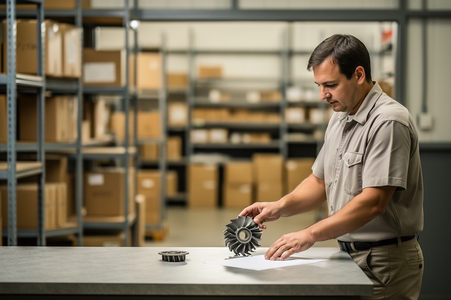 A distributor counter sales lead checking a replacement pump impeller against a parts sheet